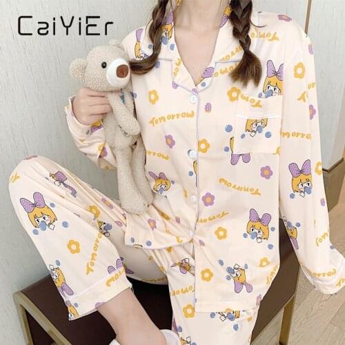 CAIYIER Cute Print Korean Pajamas For Women Casual Nightwear Winter Lovely Girls Loose Sleepwear Soft Cardigan Ladies Homewear