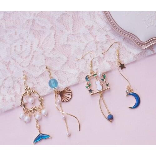 Romantic Elegant Blue Moon Rabbit Fish Tail Drop Earring For Women Sweet Child Girl Ear Clip Jewelry Accessories Gift