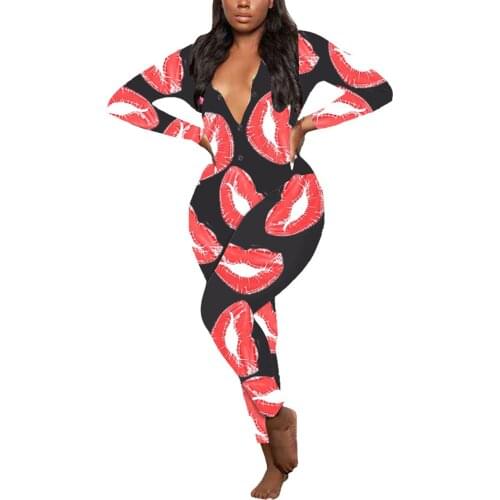 Womens Deep V-neck High Waist Jumpsuit Casual Pattern Printing Romper Long Sleeve Long Pants Home Clothing