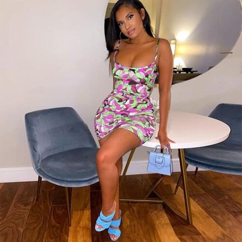 Wsevypo Sexy Geometric Print Spaghetti Strap Bodycon Mini Dress Women Sleeveless Ruched Sundress Party Club Fashion Short Dress