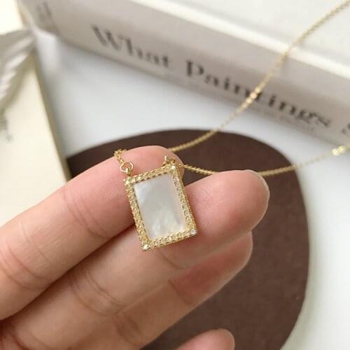 Silvology 925 Sterling Silver Natural Shell Square Pendant Necklace Shine Zircon Minimalist Necklace for Women Office Jewelry