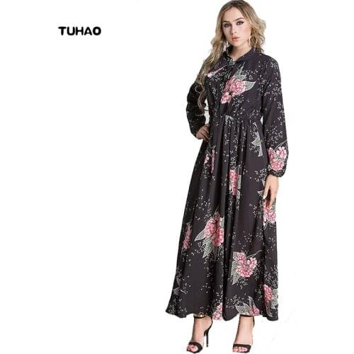 TUHAO New Autumn Winter Women Musilim Dress Print Flower Vintage Maxi Long Elegant Vestido Plus Size Female Clothing ST37