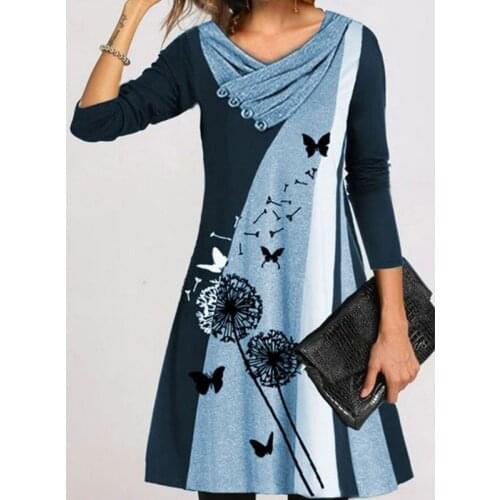 Women Casual Butterfly Print Button V-neck Long Sleeve Mini Short Dress AM2256