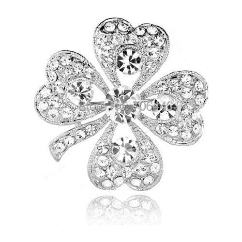 1.4" Silver Plated Austrian Crystal Diamante Four Leaf Clover Brooch Pin