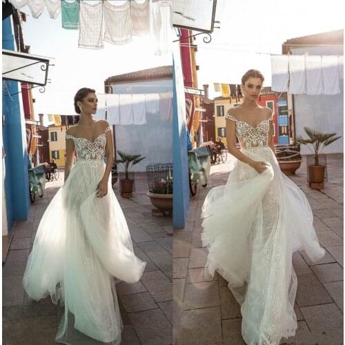 2019 A Line Gali Karten Wedding Dresses With Overskirts Off Shoulder Lace Bridal Gowns Floor Length Plus Size Cheap