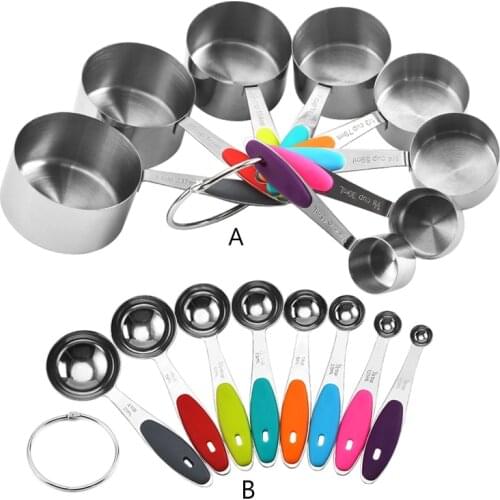 8pcs/set Measuring Cups Spoons Stainless Steel Seasoning Coffee Tea Measure Tool with Silicone Handle Baking Kitchen Supplies