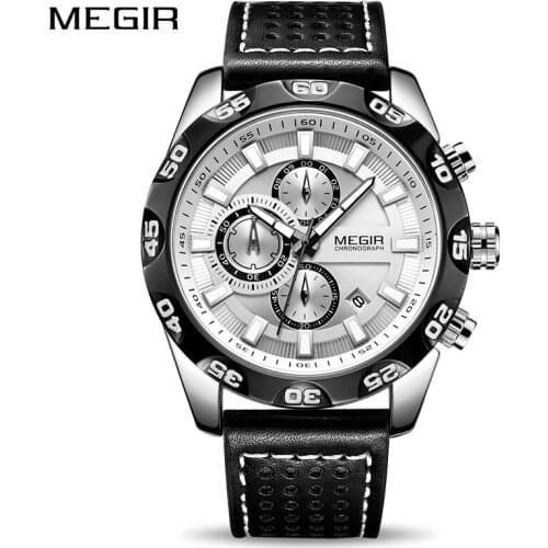 Top Luxury Brand MEGIR Watch Men Chronograph Military Sports Watches Genuine Leather Quartz Waterproof Clock Relogio Masculino