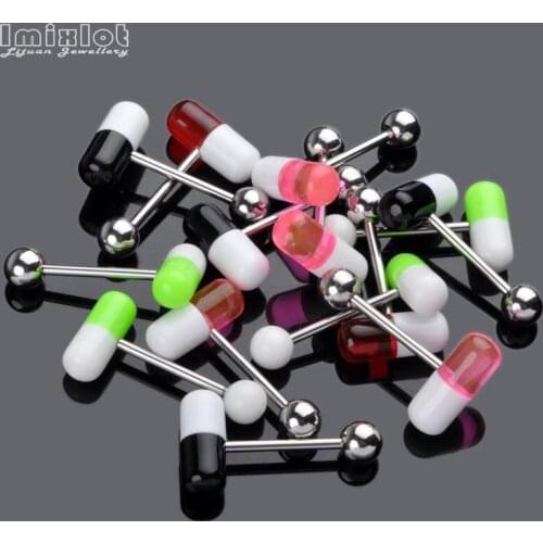 Imixlot 10Pcs Mix Color Acrylic Pill Tongue Piercing Barbell Bars Piercing Tongue Rings Stainless Steel Fashion Body Jewelry