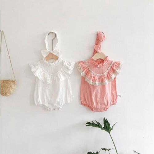 Summer Cotton Rompers For Newborn Baby Boys Girls Two Piece Set Ruffled Sleeveless Jumpsuist Hair Band Toddler Infant Clothes
