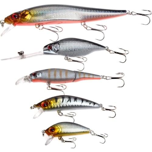 LEOSPORT 5pcs/lots hard plastic Minnow Lures treble hooks artificial bait fishing material crap swimbait japan Set