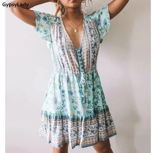 GypsyLady Green Floral Print Mini Dress Vintage Boho Summer V-neck Sexy Women Dress Short Sleeve Ruffles Chic Lace Tie Up Dress