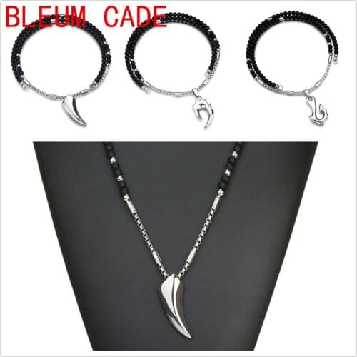 Punk Silver Color Stainless Steel Wolfs Fang Pendant Necklaces Link Chain with Black Lava Stone Strand Bead Amule Necklace Men