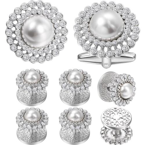 HAWSON New Wedding Tuxedo Shirt 8 Pcs Cufflink Studs Elegance White Pearl & Crystal Cuff Links Set Engraved with HAWSONs LOGO