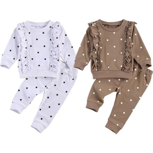 2PCS Autumn Baby Girls Boys Clothes Sets Polka Dot Print Ruffles Long Sleeve Pullover Tops Trousers Pants