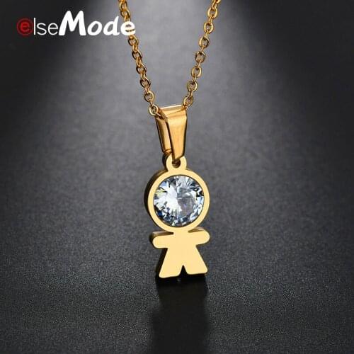 ELSEMODE Gold Color CZ Stone Boy Family Necklace For Women Stainless Steel Lovely Figure Son Chain Necklace Jewelry