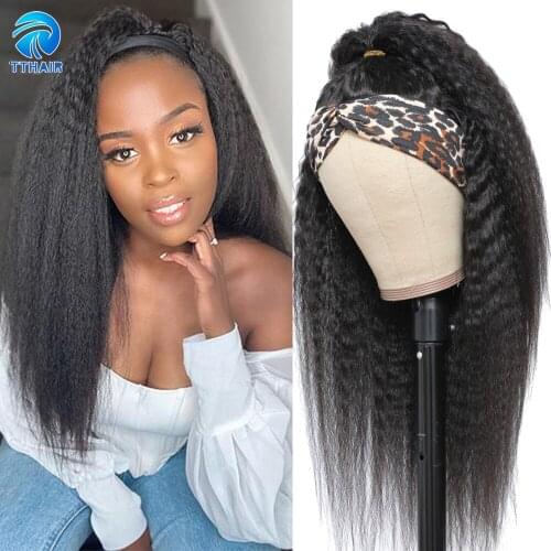 Headband Wig Human Hair Kinky Straight Wig Human Hair Wigs For Women Full Machine Made Wig With Bangs Malaysian 150 Remy Wig