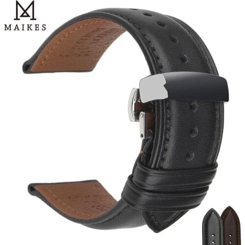 MAIKES Fashion Genuine Leather Watch Strap Deployment Buckle Watch Band Bracelet 18-24mm Coffee Black Watchbands for Amazfit Bip