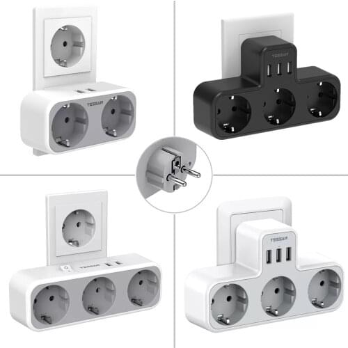 TESSAN EU Plug Power Strip with 2 AC Outlets 2 USB Charging Ports Overload Protection 3600W Portable Multi Socket Power Adapter