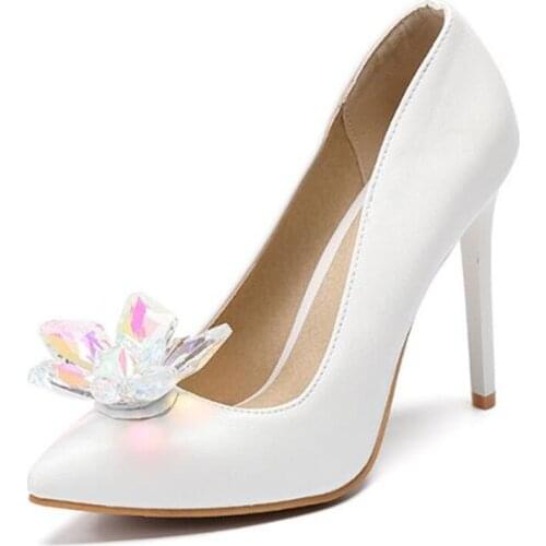 Dress Women Pumps Party Shoes Nightclub PU Slip On 11CM Thin High Heels Pointed Toe Wedding Rhinestones women shoes 2020 whte
