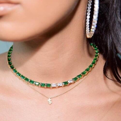 New rectang CZ Tennis Chain baguette necklace iced out white green Cubic Zirconia Gold Vermeil Baguette Choker Necklace Women