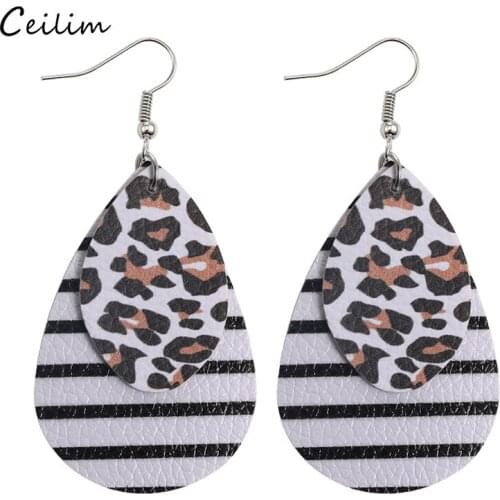 2020 New Double Layers Leopard Leather Earring Lightweight Black White Striped Teardrop Layered Leaf Dangle Earrings Women