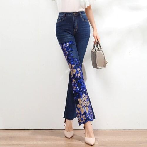FERZIGE Sequins Embroidery Pattern Pants Women Luxury Skinny Jeans Female Blue Casual Trousers Slim Fit Pants Plus Size New