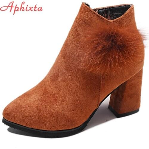 Aphixta Shoes Womn 100% Real Fox Fur Warm Winter Ankle Boots Female Zip Square Heels Leather Shoes Woman Boots Free Shipping