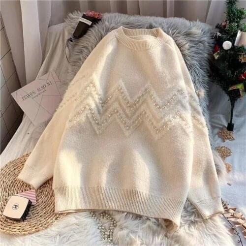 Womens Sweater Pearl Beaded Loose Pullover Mohai Wave Knit Sweater Top Casual Jacket 2021 Autumn And Winter New