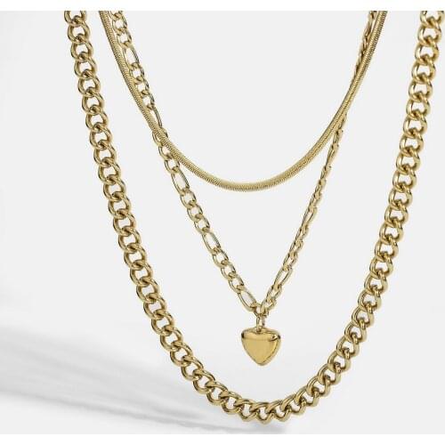 14K Gold Plated Stainless Steel Heart Pendant Necklace For Women Multi-layer Figaro Chain Cuban Chain Snake Chain Choker