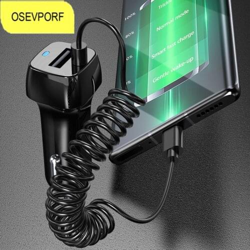 15W Car Charger With Spring Type C Micro Cable for Samsung Galaxy S21 S20 S10 Huawei P40 Pro Fast Chargering Turbo for AirPods