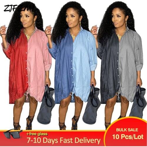 Bulk Items Wholesale Lots Womens Full Sleeve Loose Denim Shirt Dresses Casual Style Button-up Contrast Color Spliced Vestidos