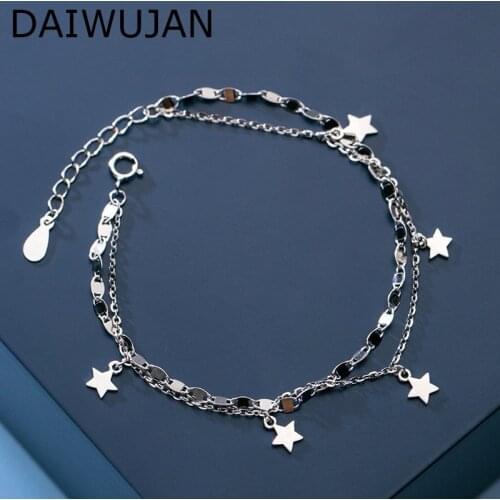 925 Sterling Silver Bracelet Adjustable Double Layers Sequin Link Chain Stars Pendant Charm Bracelets For Women Party Jewelry