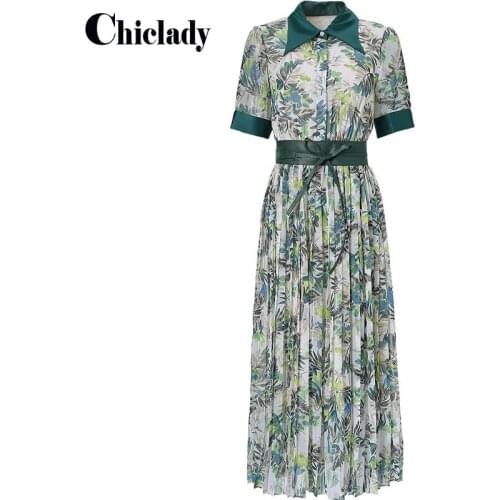 CHICLADY green printed turn down collar short sleeve soft silky chiffon midi dress with belt summer vocation fashion dresses za