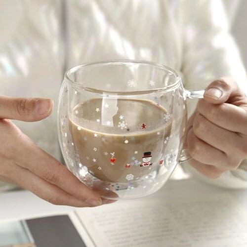 Double wall cute water bottle Insulation coffee mug glass kawaii tea cup cocktail glass With handle Lid Drinkware Snowman gifts