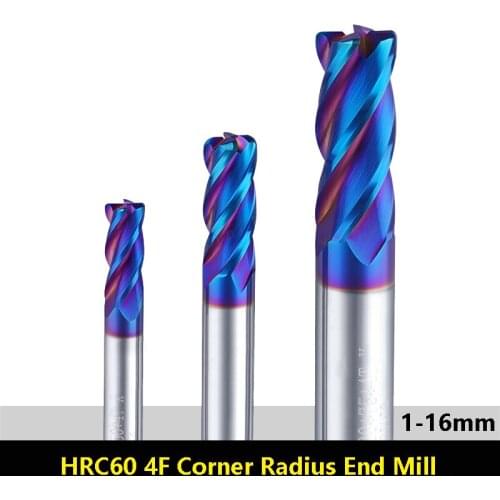 BEYOND Superhard Alloy Blue Nano Corner Radius End Mills HRC60 4 Flutes CNC tungsten Steel round Nose Milling Cutter Center 1-16
