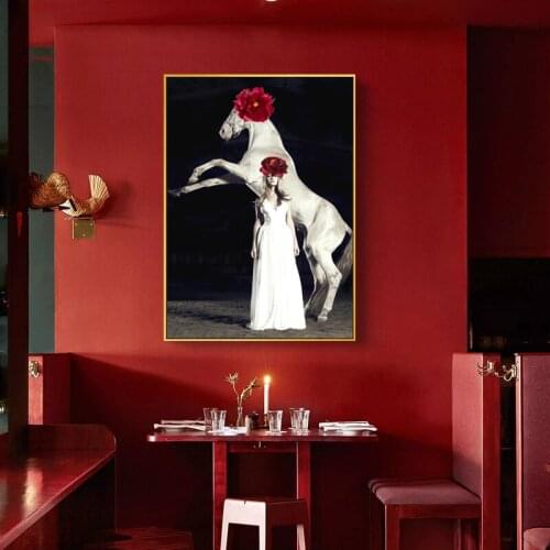 Girl and Horse Wearing Safflower Modern Canvas Painting Wall Art Nordic Posters and Prints Wall Pictures for Living Room Decor