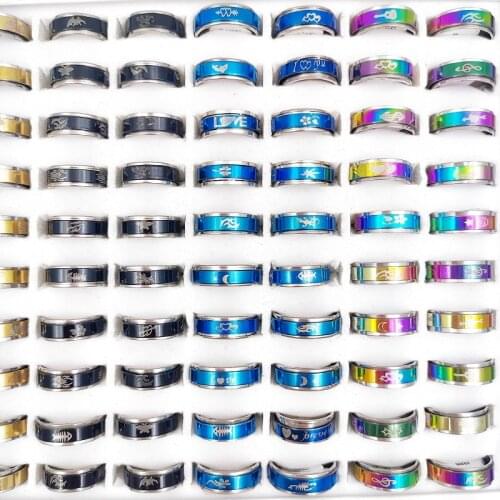 50 Pcs Men and Women Stainless Steel Spinner Rings Lucky Rotating Ring Worry Anxiety Band Moon Star Sun Couple Boho Jewelry Gift