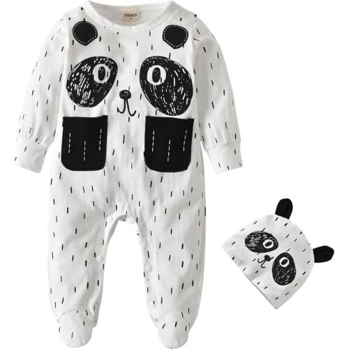 2021 Heat Sell Newborn Baby Boy Romper With Pocket Panda Pattern Cotton Long Sleeve Romper+Hat 2PCS Infant Toddler Outfits
