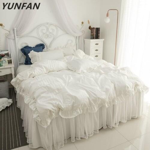 2019 Cotton lace Bedding Set white Duvet Cover Set Bed Linen Tassels Luxury princess bed skirt sets twin queen king bedclothes