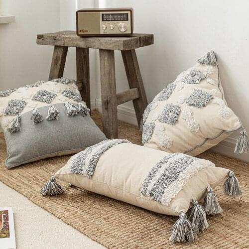 Morocco Hand-Woven Pillow Cover Sofa Cotton Embroidery Tufted Beige Grey Geometric Decorative Pillowcase Tassel Cushion Covers