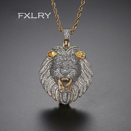 FXLRY fashion Micro Pave Cubic Zircon Lion Head Pendant for Men Women Luxury Hip Hop Jewelry