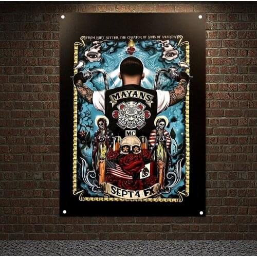 Motorcycle Rider Skeleton Banners Flag Skull Tattoo Posters Macabre Art Wall Hanging Tapestry Bar Cafe Tattoo Studio Decoration