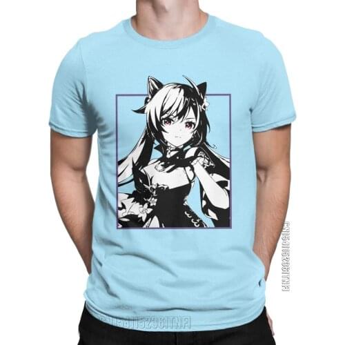 Men T-Shirts Keqing Genshin Impact Game Vintage 100% Cotton Tees Classic Short Sleeve T Shirts Round Neck Clothes Gift Idea