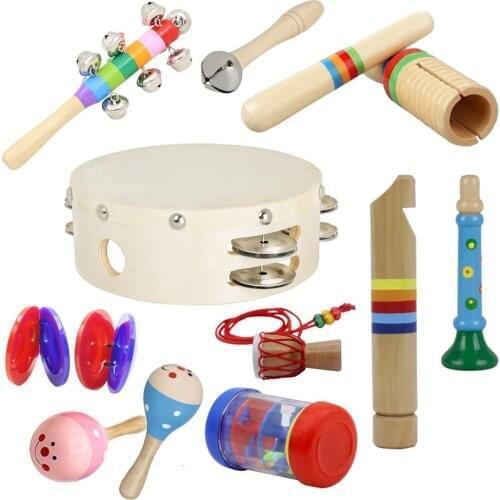 10pcs/set Orff Wooden Musical Instrument Set Hand Tambourine Rain Sound Tube Flute Rattle Barbell Maracas Necklace Castanet