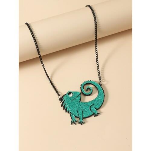 New Creative Green Chameleon Glitter Powder Acrylic Pendant Necklace For Women Men Fashion Black Chain Animals Necklace Jewelry