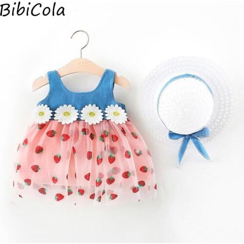 Infant Newborn Grils Clothing Kid Baby Girls Flower Sleeveless Dress With Straw Hat Casual Loose Style Clothing