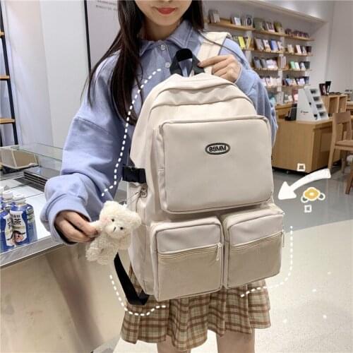 Pure Color Multi-pocket Backpack Korea Unisex High School Student Rucksack Large Capacity Travel Bag Nylon Solid Waterproof Bag