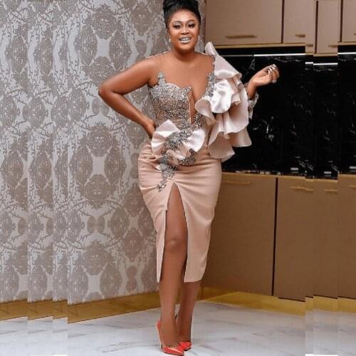 One Shoulder Mermaid Prom Dresses Tea Length Sheer Neck Aso Ebi Split Evening Dress Ruffles Sleeves Beads African Party Vestido