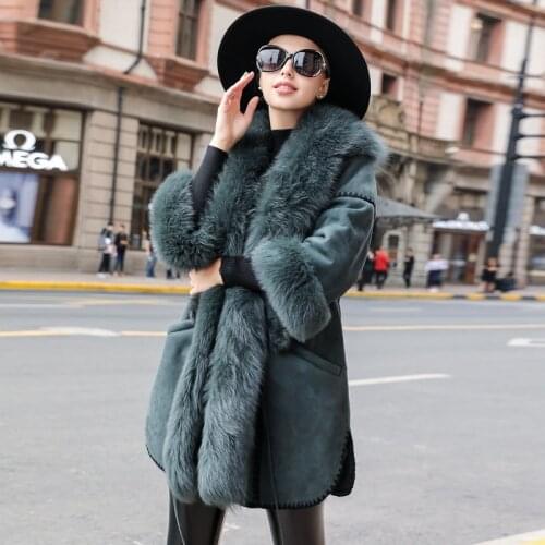 Luxury Double Faced Fur Coat Female Genuine Leather Jacket Winter Jacket Women Fox Fur Collar Natural Wool Fur Coats MY