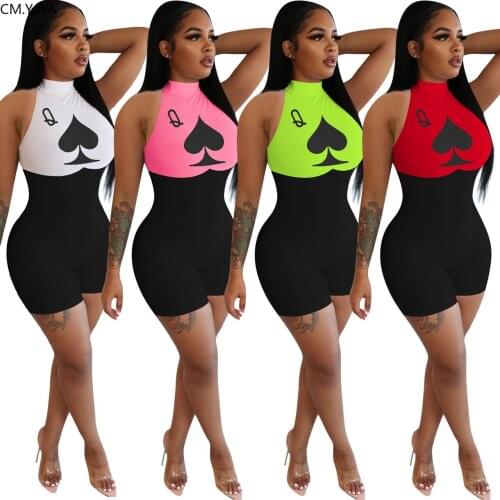CM.YAYA Women Poker Card Sleeveless Bodycon Sport Jumpsuit Romper Bodysuit Night Club Party One Piece Overalls playsuit
